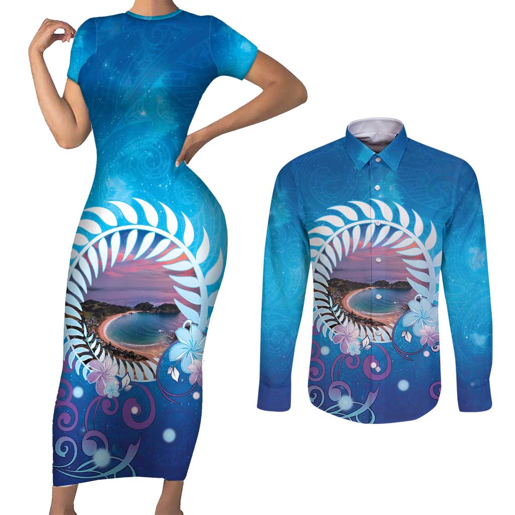 New Zealand Matapouri Beach Landscape Couples Matching Short Sleeve Bodycon Dress and Long Sleeve Button Shirt LT05 Blue - Polynesian Pride