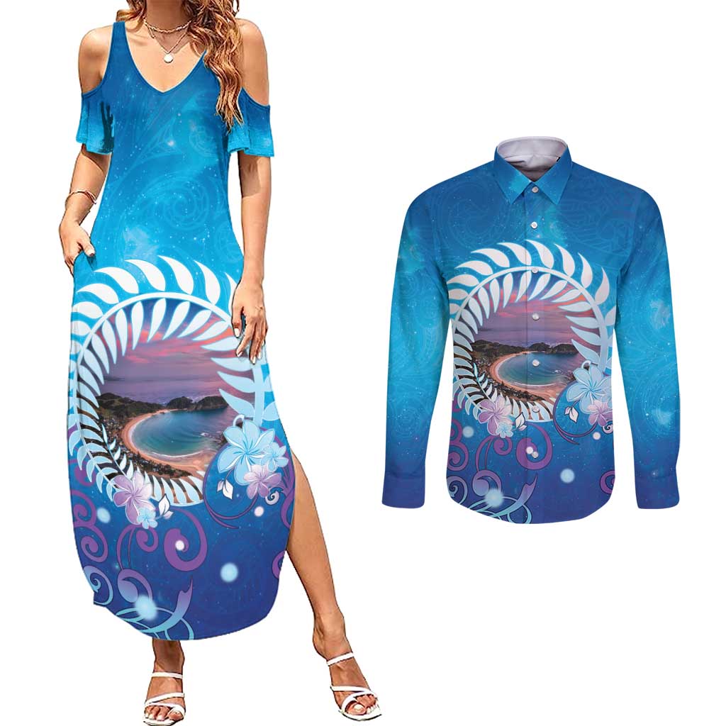 New Zealand Matapouri Beach Landscape Couples Matching Summer Maxi Dress and Long Sleeve Button Shirt LT05 Blue - Polynesian Pride