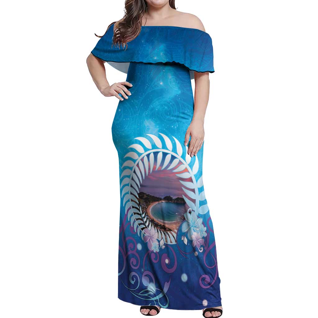 New Zealand Matapouri Beach Landscape Off Shoulder Maxi Dress