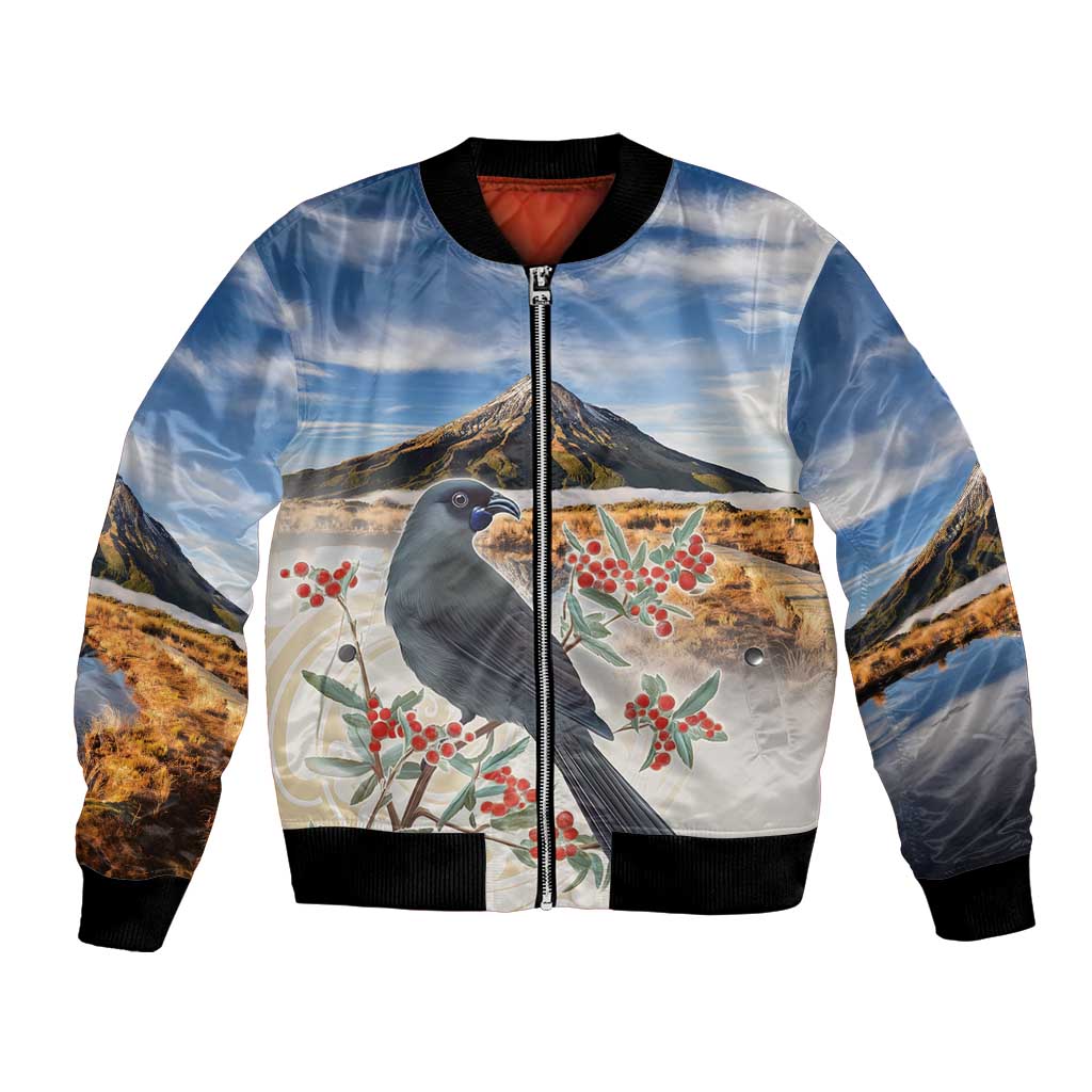 New Zealand Mount Taranaki Landscape Bomber Jacket Kokako Bird Polynesian Style LT05 Unisex Blue - Polynesian Pride
