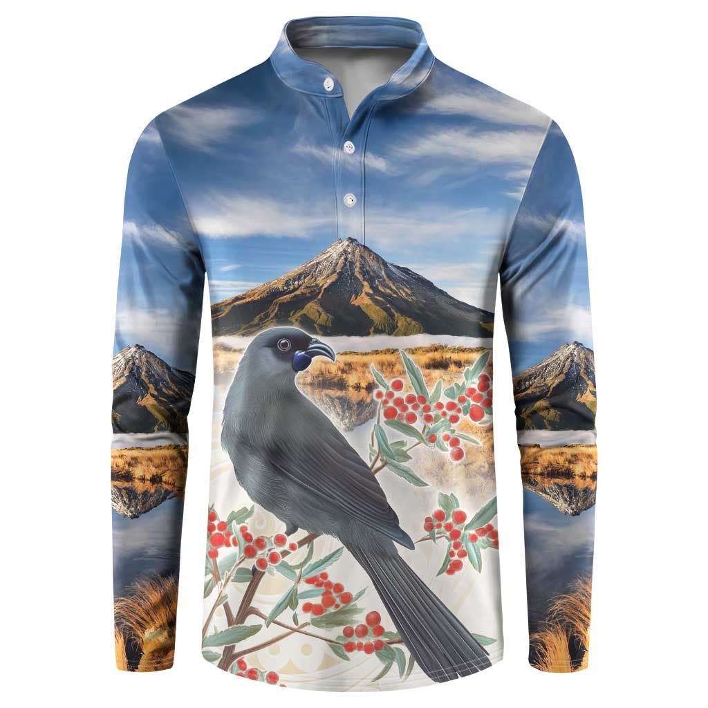 New Zealand Mount Taranaki Landscape Button Sweatshirt Kokako Bird Polynesian Style