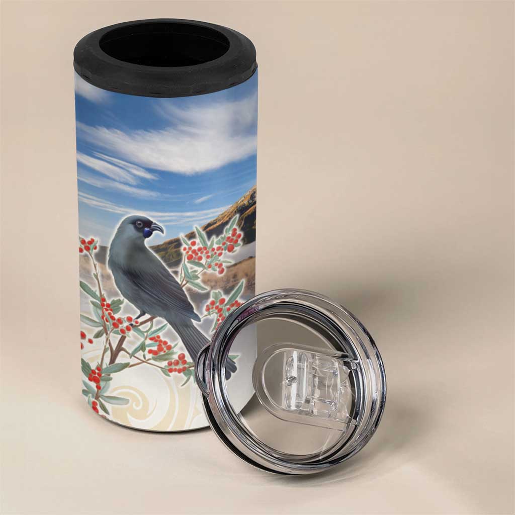 New Zealand Mount Taranaki Landscape 4 in 1 Can Cooler Tumbler Kokako Bird Polynesian Style