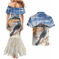 New Zealand Mount Taranaki Landscape Couples Matching Mermaid Dress and Hawaiian Shirt Kokako Bird Polynesian Style