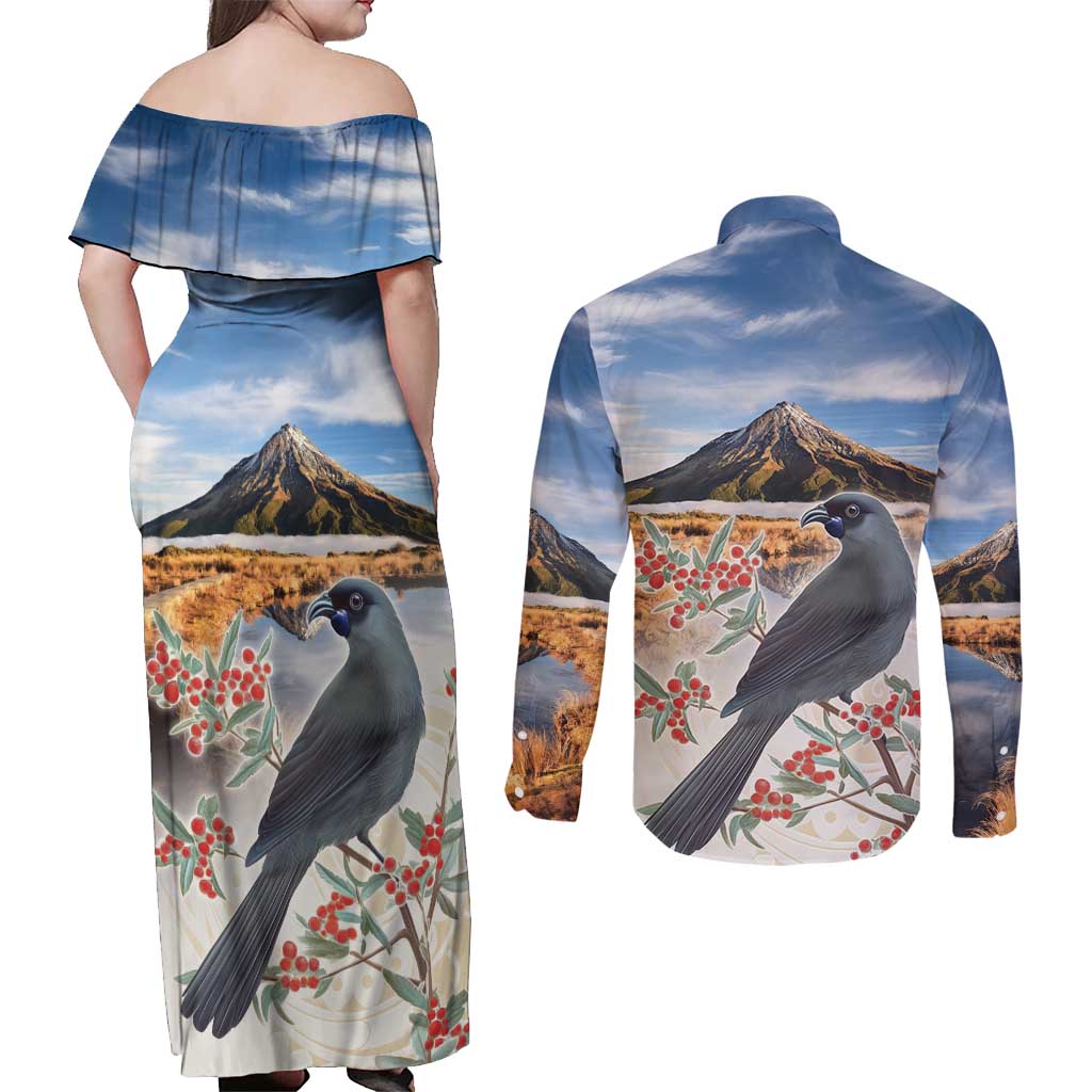 New Zealand Mount Taranaki Landscape Couples Matching Off Shoulder Maxi Dress and Long Sleeve Button Shirt Kokako Bird Polynesian Style