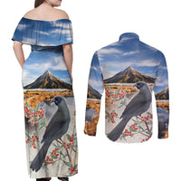 New Zealand Mount Taranaki Landscape Couples Matching Off Shoulder Maxi Dress and Long Sleeve Button Shirt Kokako Bird Polynesian Style