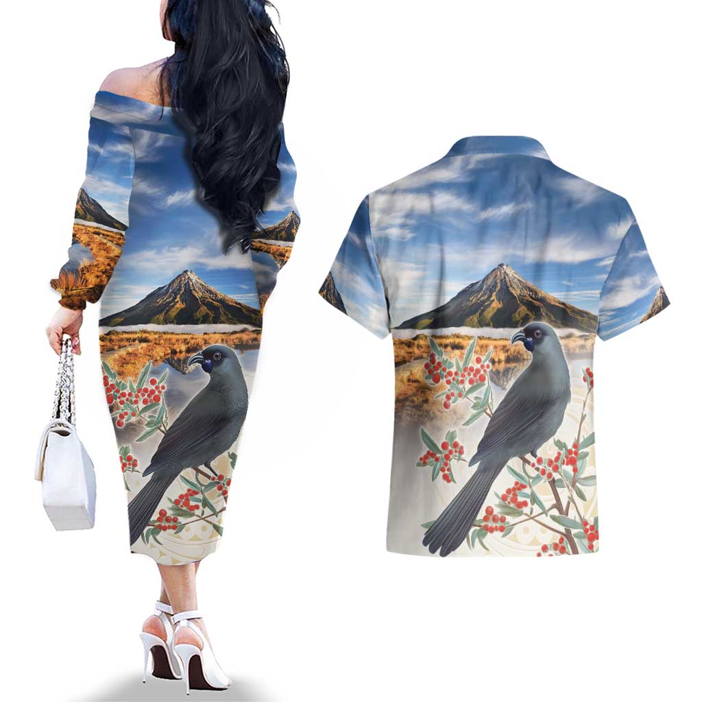 New Zealand Mount Taranaki Landscape Couples Matching Off The Shoulder Long Sleeve Dress and Hawaiian Shirt Kokako Bird Polynesian Style