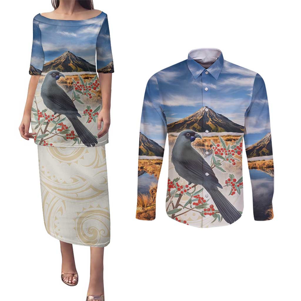 New Zealand Mount Taranaki Landscape Couples Matching Puletasi and Long Sleeve Button Shirt Kokako Bird Polynesian Style