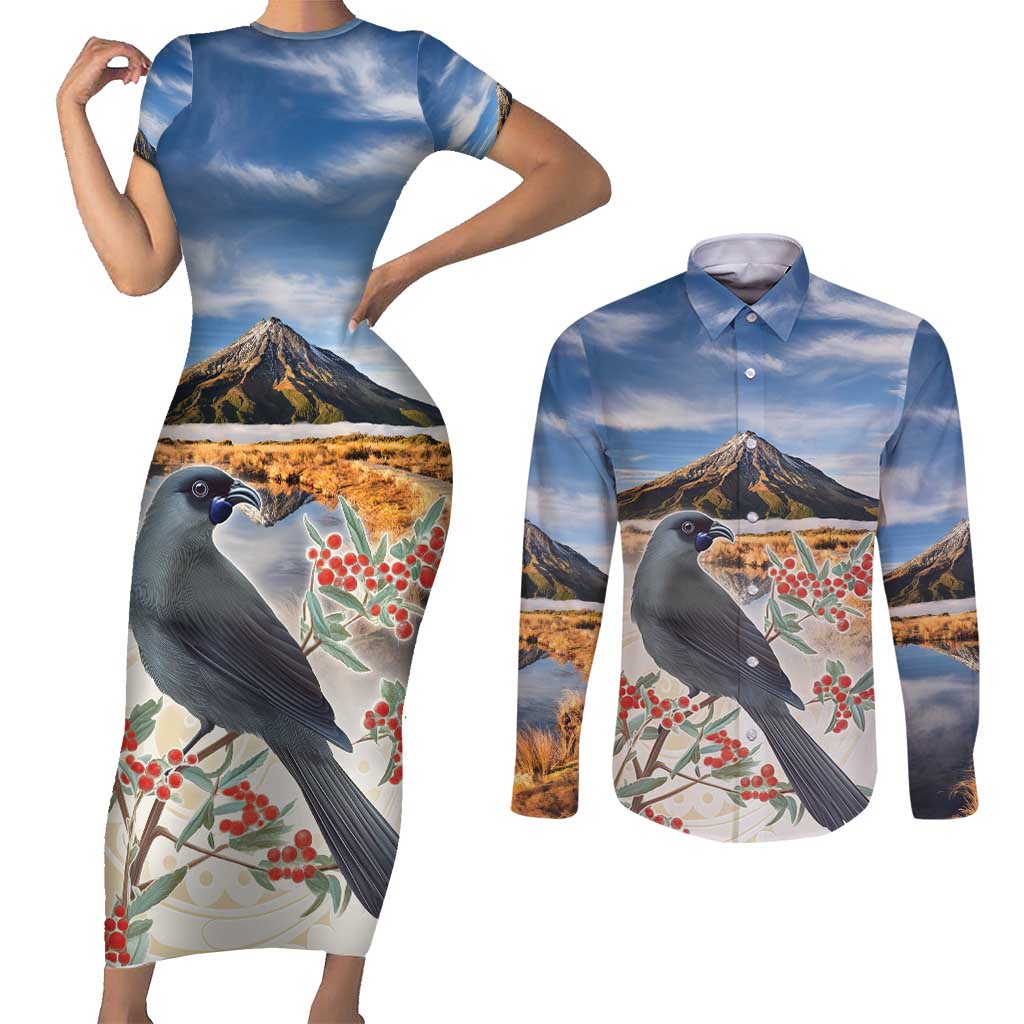New Zealand Mount Taranaki Landscape Couples Matching Short Sleeve Bodycon Dress and Long Sleeve Button Shirt Kokako Bird Polynesian Style