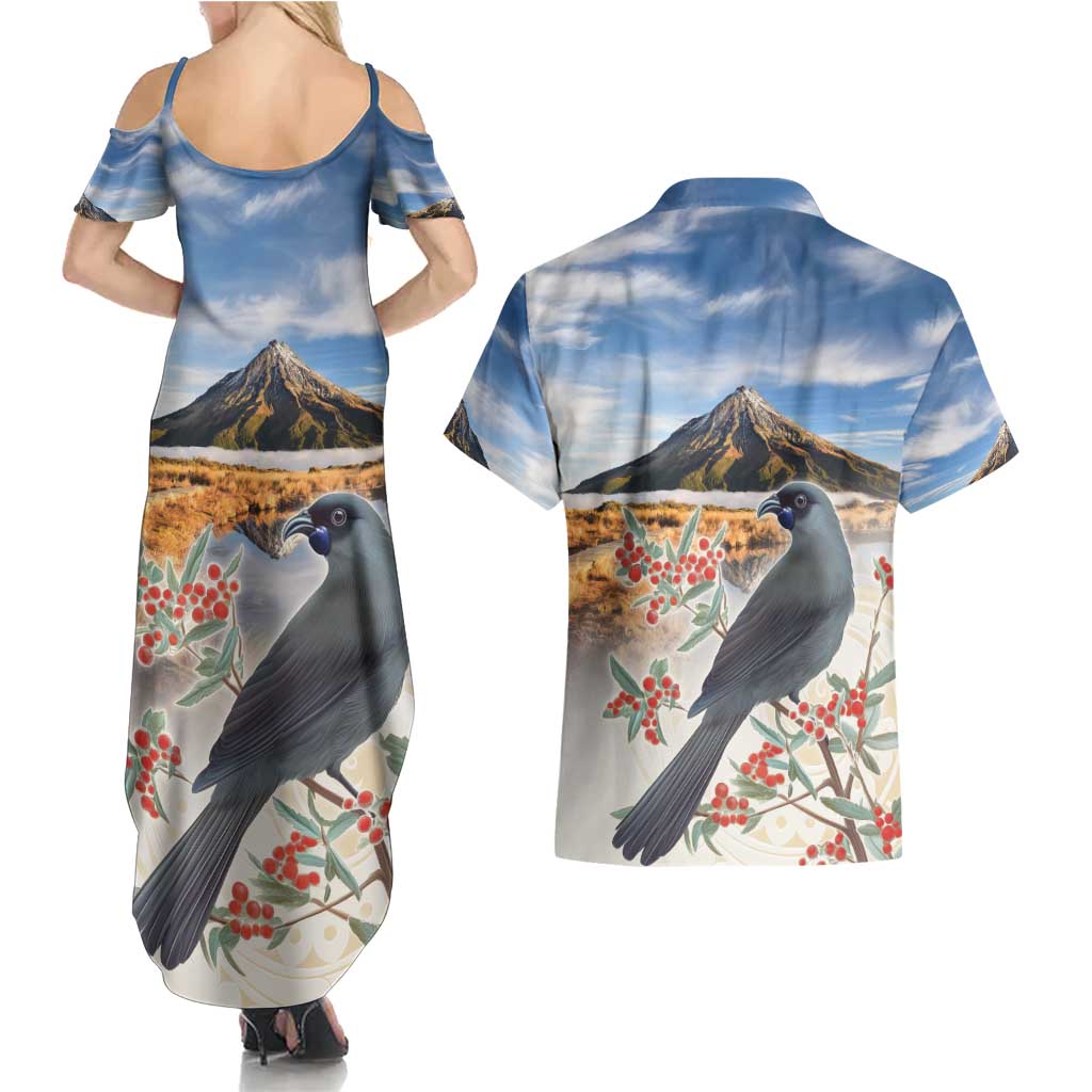 New Zealand Mount Taranaki Landscape Couples Matching Summer Maxi Dress and Hawaiian Shirt Kokako Bird Polynesian Style