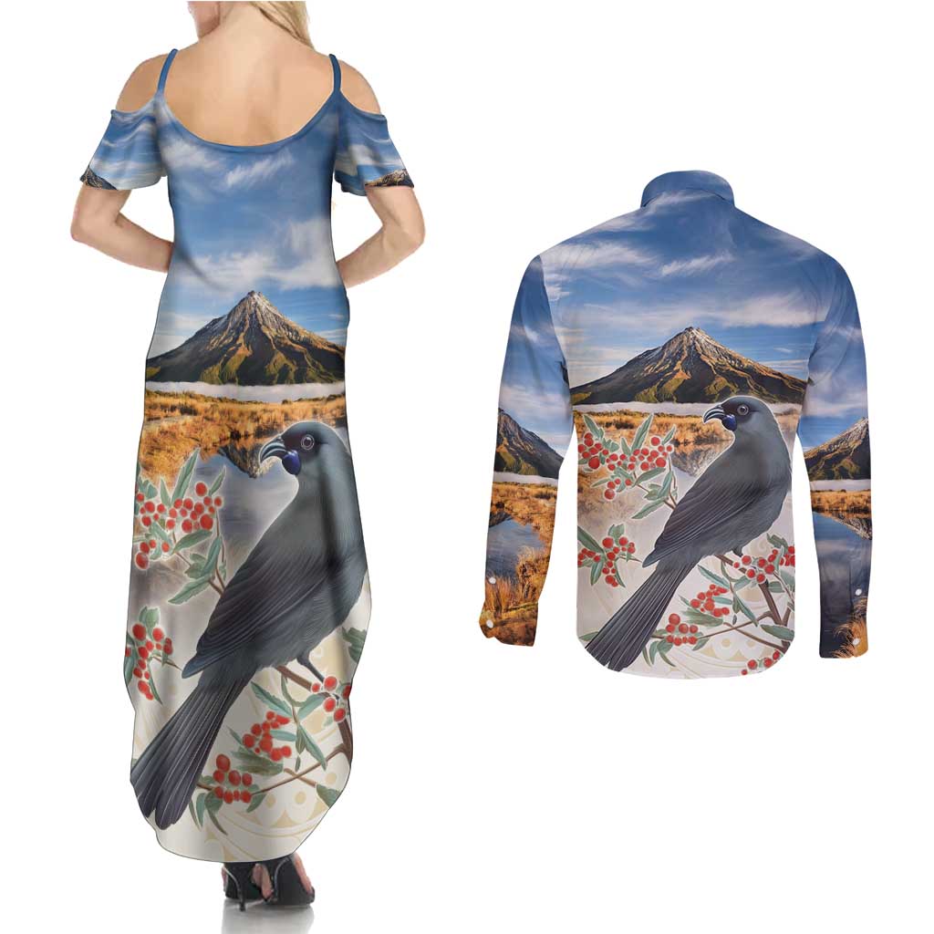 New Zealand Mount Taranaki Landscape Couples Matching Summer Maxi Dress and Long Sleeve Button Shirt Kokako Bird Polynesian Style