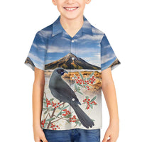 New Zealand Mount Taranaki Landscape Family Matching Long Sleeve Bodycon Dress and Hawaiian Shirt Kokako Bird Polynesian Style