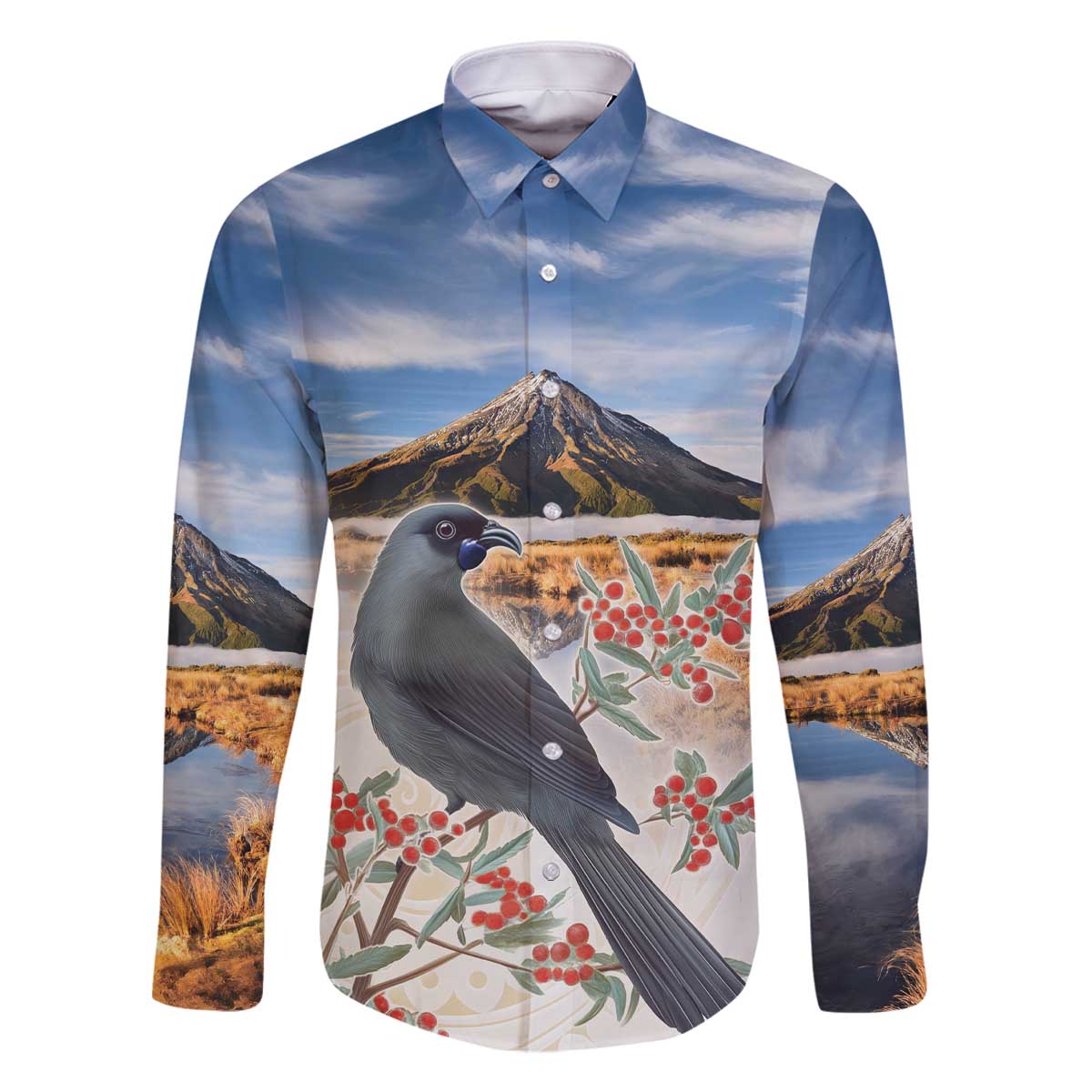 New Zealand Mount Taranaki Landscape Family Matching Off The Shoulder Long Sleeve Dress and Hawaiian Shirt Kokako Bird Polynesian Style