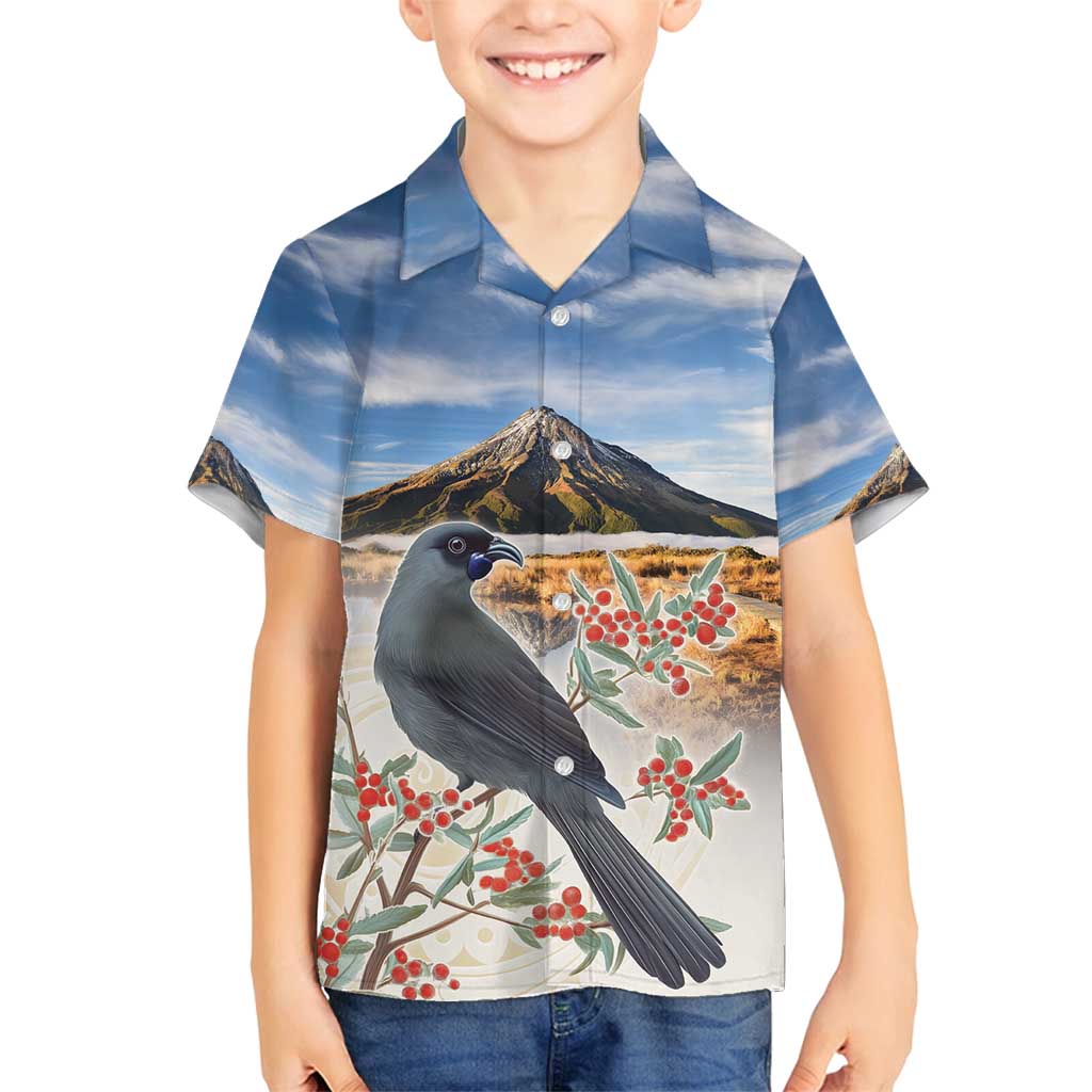 New Zealand Mount Taranaki Landscape Family Matching Off Shoulder Maxi Dress and Hawaiian Shirt Kokako Bird Polynesian Style