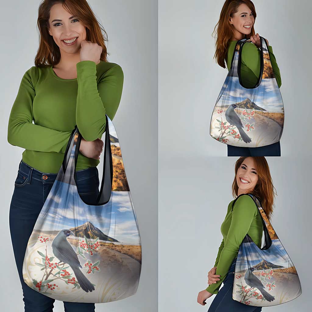 New Zealand Mount Taranaki Landscape Grocery Bag Kokako Bird Polynesian Style