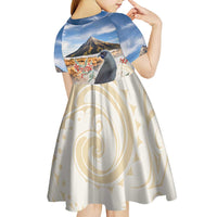 New Zealand Mount Taranaki Landscape Kid Short Sleeve Dress Kokako Bird Polynesian Style