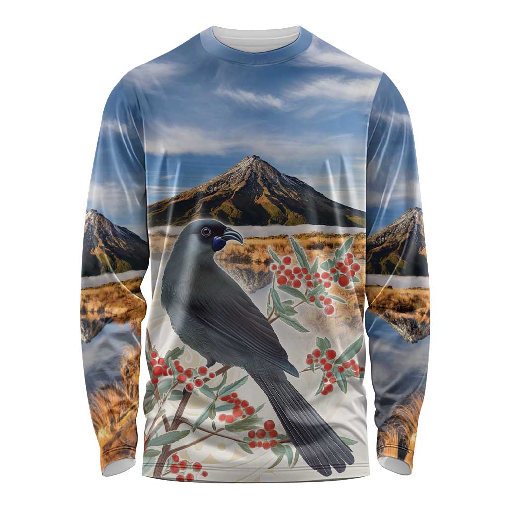 New Zealand Mount Taranaki Landscape Long Sleeve Shirt Kokako Bird Polynesian Style LT05 Unisex Blue - Polynesian Pride