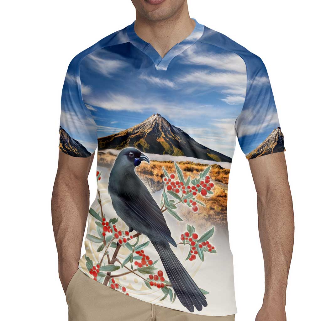New Zealand Mount Taranaki Landscape Rugby Jersey Kokako Bird Polynesian Style