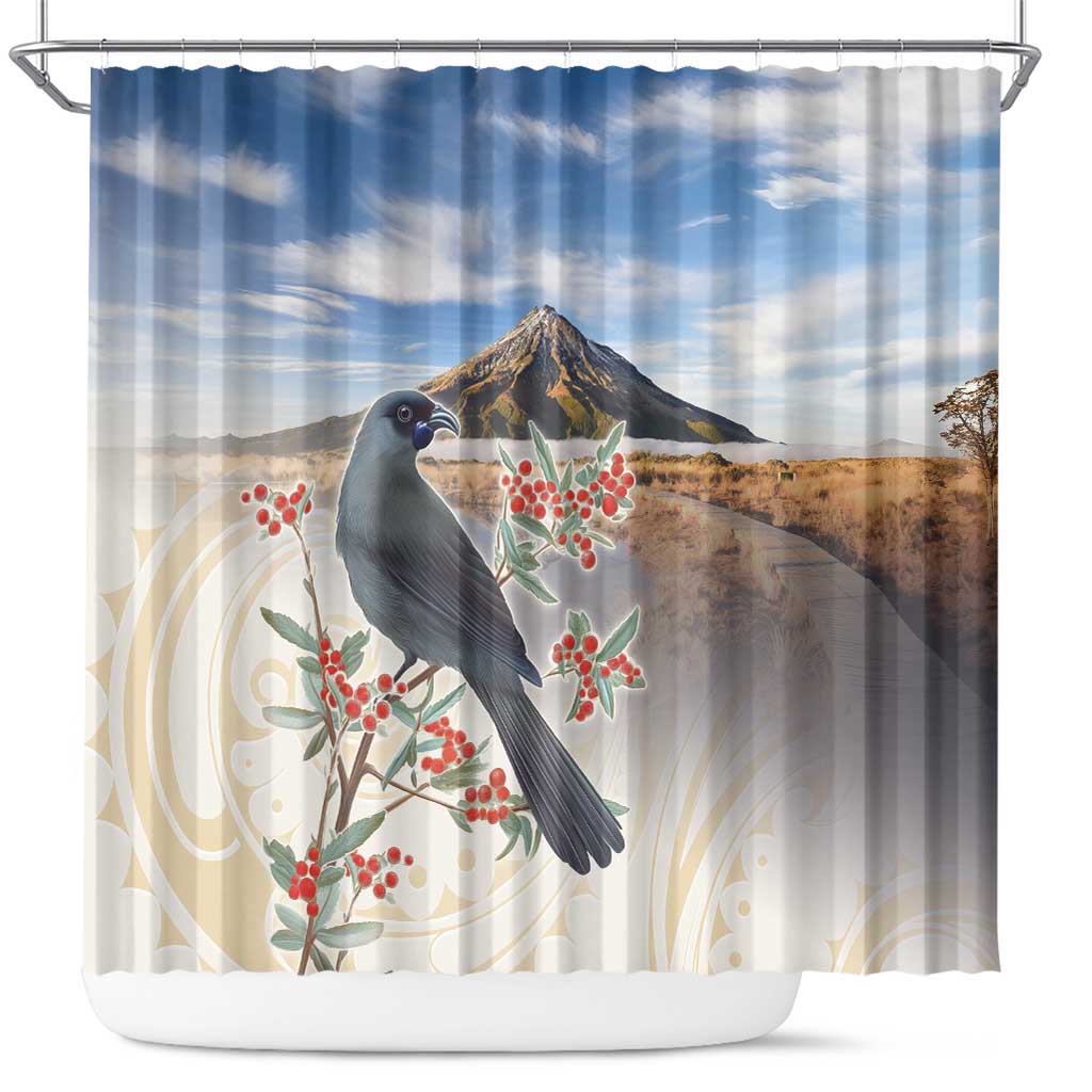 New Zealand Mount Taranaki Landscape Shower Curtain Kokako Bird Polynesian Style LT05 Blue - Polynesian Pride