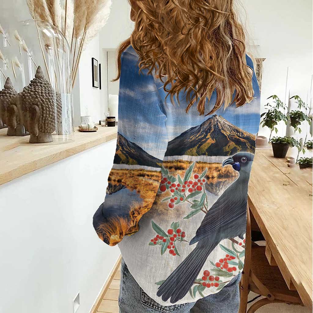 New Zealand Mount Taranaki Landscape Women Casual Shirt Kokako Bird Polynesian Style