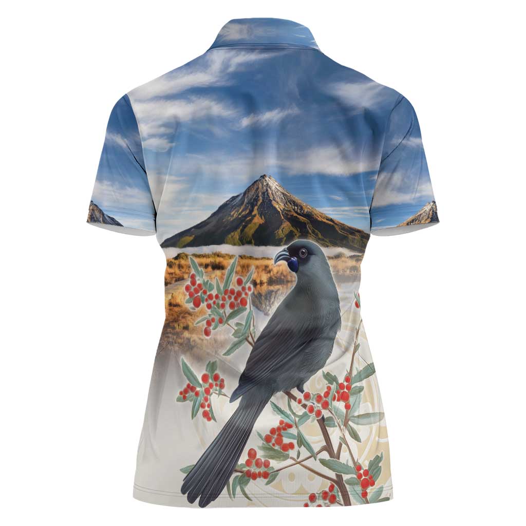 New Zealand Mount Taranaki Landscape Women Polo Shirt Kokako Bird Polynesian Style