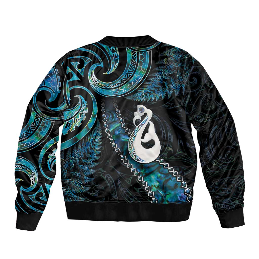 New Zealand Aotearoa Bomber Jacket Maori Manaia Paua Shell Glitter Turquoise