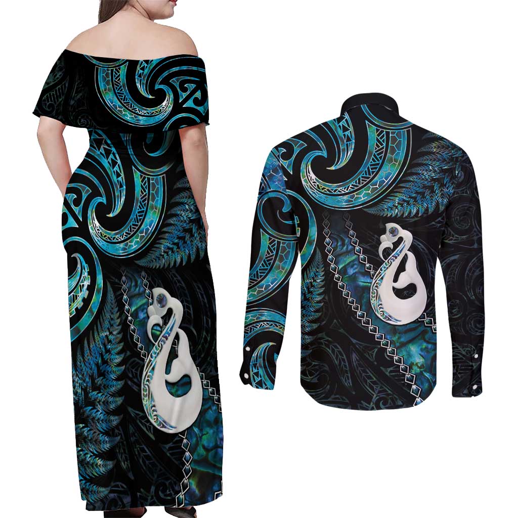 New Zealand Aotearoa Couples Matching Off Shoulder Maxi Dress and Long Sleeve Button Shirt Maori Manaia Paua Shell Glitter Turquoise