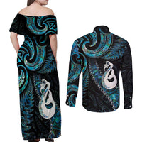 New Zealand Aotearoa Couples Matching Off Shoulder Maxi Dress and Long Sleeve Button Shirt Maori Manaia Paua Shell Glitter Turquoise