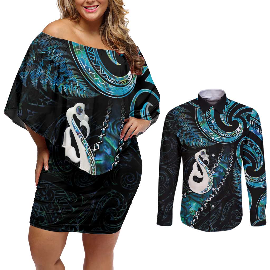 New Zealand Aotearoa Couples Matching Off Shoulder Short Dress and Long Sleeve Button Shirt Maori Manaia Paua Shell Glitter Turquoise