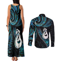 New Zealand Aotearoa Couples Matching Tank Maxi Dress and Long Sleeve Button Shirt Maori Manaia Paua Shell Glitter Turquoise