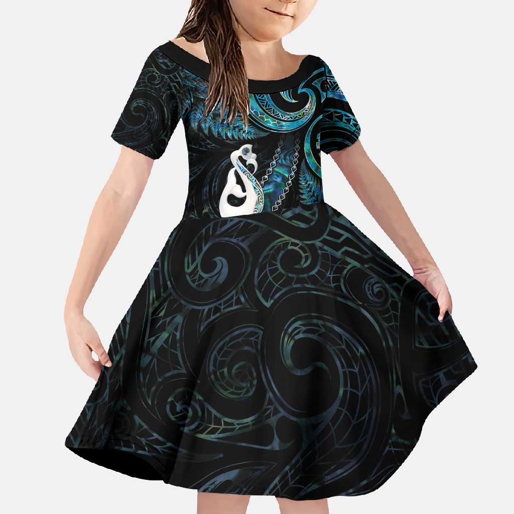 New Zealand Aotearoa Family Matching Short Sleeve Bodycon Dress and Hawaiian Shirt Maori Manaia Paua Shell Glitter Turquoise LT05 Daughter's Dress Turquoise - Polynesian Pride