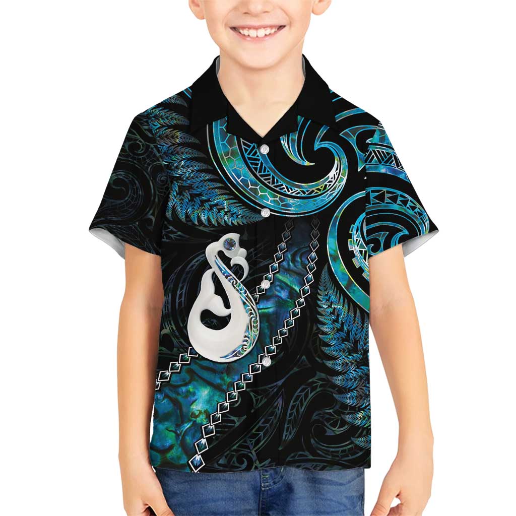 New Zealand Aotearoa Family Matching Tank Maxi Dress and Hawaiian Shirt Maori Manaia Paua Shell Glitter Turquoise LT05 Son's Shirt Turquoise - Polynesian Pride