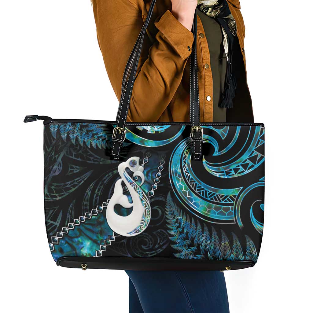New Zealand Aotearoa Leather Tote Bag Maori Manaia Paua Shell Glitter Turquoise LT05 - Polynesian Pride