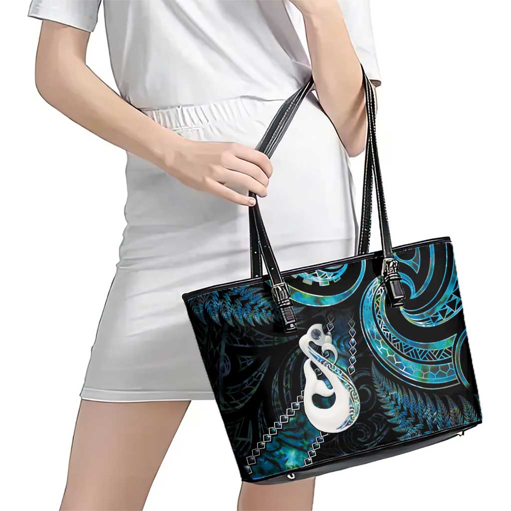 New Zealand Aotearoa Leather Tote Bag Maori Manaia Paua Shell Glitter Turquoise LT05 - Polynesian Pride