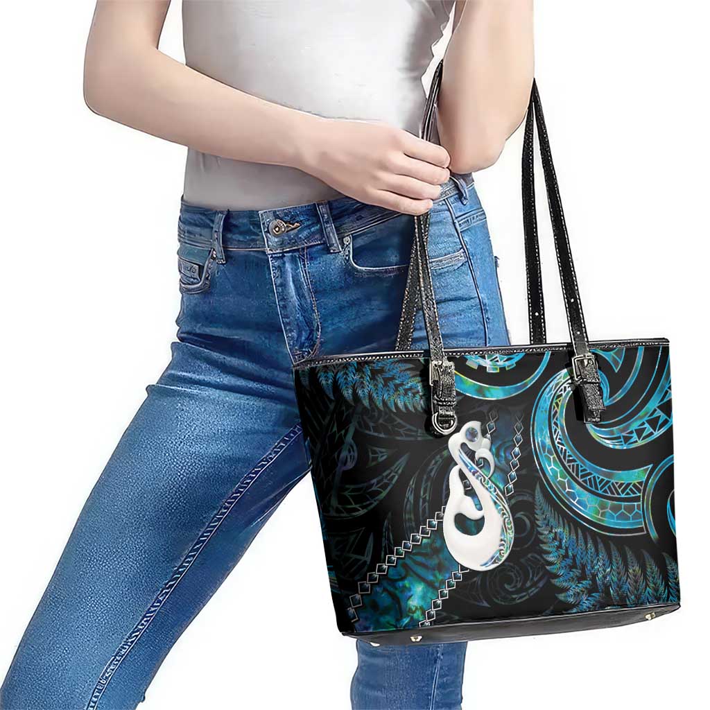 New Zealand Aotearoa Leather Tote Bag Maori Manaia Paua Shell Glitter Turquoise LT05 - Polynesian Pride