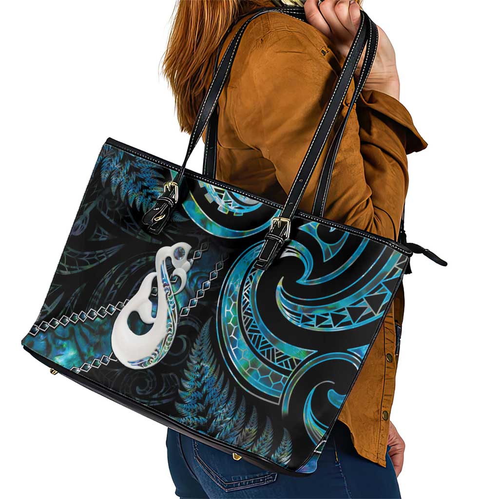 New Zealand Aotearoa Leather Tote Bag Maori Manaia Paua Shell Glitter Turquoise LT05 - Polynesian Pride
