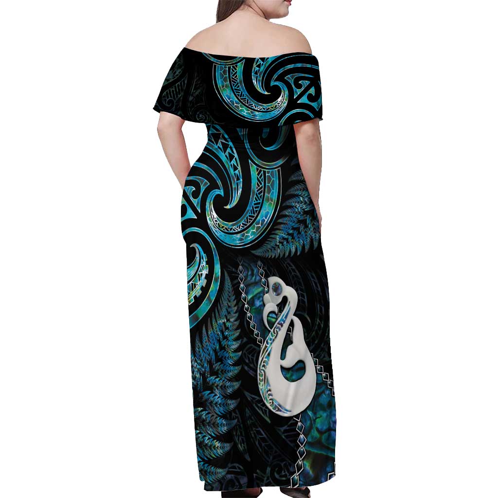 New Zealand Aotearoa Off Shoulder Maxi Dress Maori Manaia Paua Shell Glitter Turquoise LT05 - Polynesian Pride