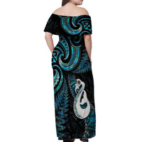 New Zealand Aotearoa Off Shoulder Maxi Dress Maori Manaia Paua Shell Glitter Turquoise LT05 - Polynesian Pride