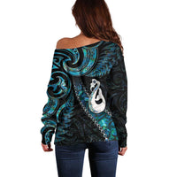 New Zealand Aotearoa Off Shoulder Sweater Maori Manaia Paua Shell Glitter Turquoise