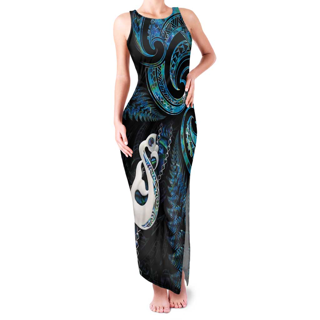 New Zealand Aotearoa Tank Maxi Dress Maori Manaia Paua Shell Glitter Turquoise LT05 Women Turquoise - Polynesian Pride