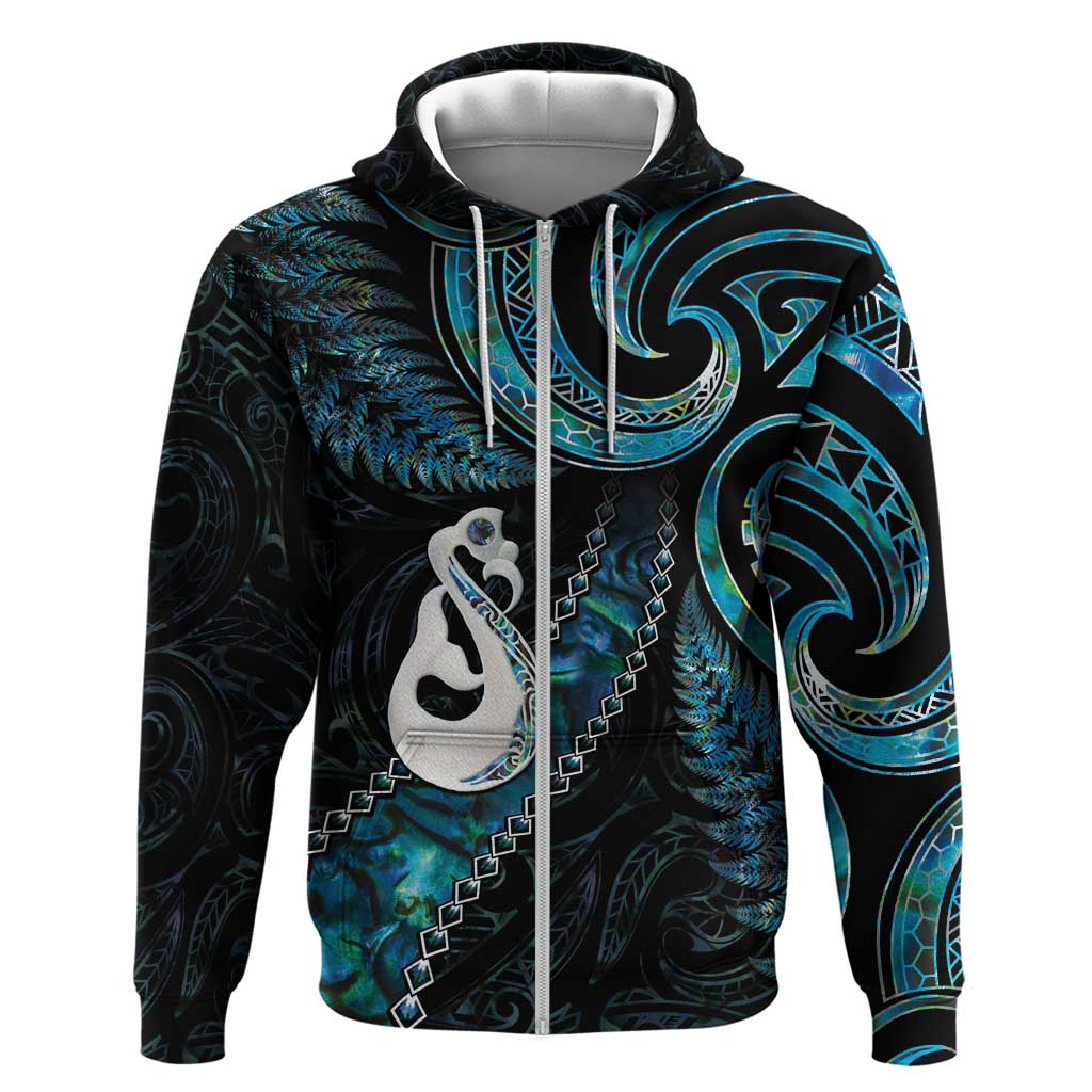 New Zealand Aotearoa Zip Hoodie Maori Manaia Paua Shell Glitter Turquoise LT05 Zip Hoodie Turquoise - Polynesian Pride