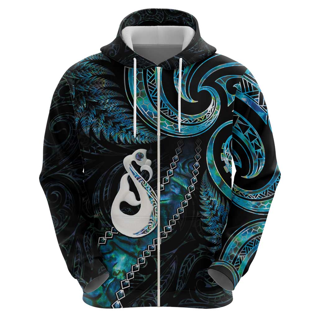 New Zealand Aotearoa Zip Hoodie Maori Manaia Paua Shell Glitter Turquoise LT05 - Polynesian Pride