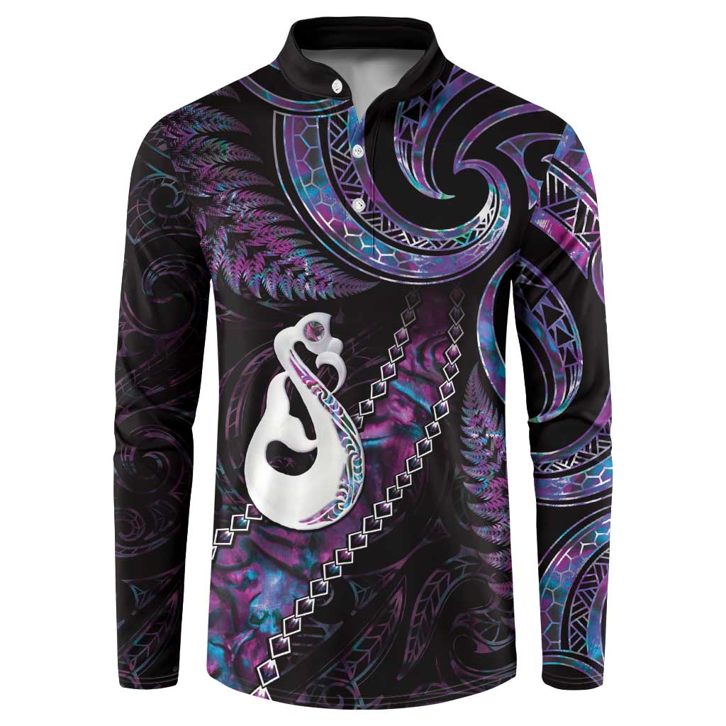 New Zealand Aotearoa Button Sweatshirt Maori Manaia Paua Shell Glitter Purple