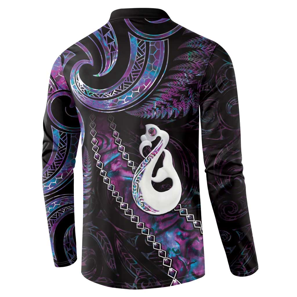New Zealand Aotearoa Button Sweatshirt Maori Manaia Paua Shell Glitter Purple