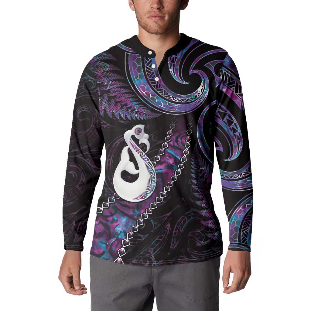New Zealand Aotearoa Button Sweatshirt Maori Manaia Paua Shell Glitter Purple