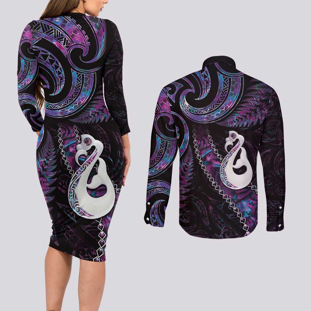 New Zealand Aotearoa Couples Matching Long Sleeve Bodycon Dress and Long Sleeve Button Shirt Maori Manaia Paua Shell Glitter Purple