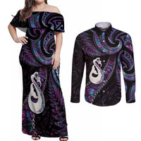 New Zealand Aotearoa Couples Matching Off Shoulder Maxi Dress and Long Sleeve Button Shirt Maori Manaia Paua Shell Glitter Purple