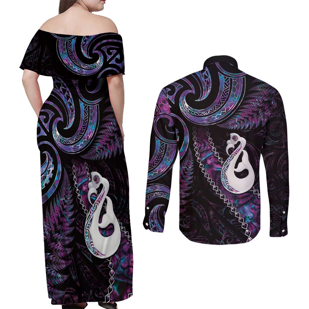 New Zealand Aotearoa Couples Matching Off Shoulder Maxi Dress and Long Sleeve Button Shirt Maori Manaia Paua Shell Glitter Purple