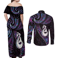 New Zealand Aotearoa Couples Matching Off Shoulder Maxi Dress and Long Sleeve Button Shirt Maori Manaia Paua Shell Glitter Purple