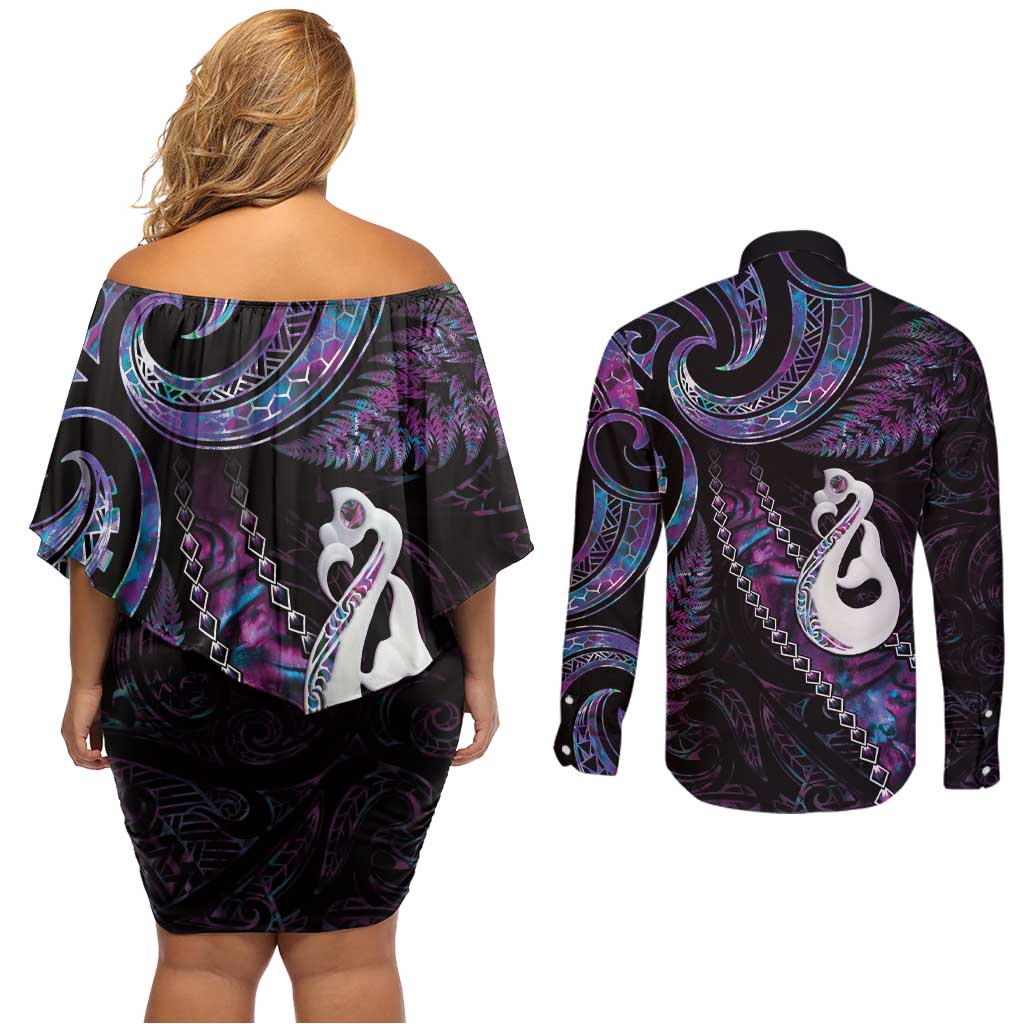 New Zealand Aotearoa Couples Matching Off Shoulder Short Dress and Long Sleeve Button Shirt Maori Manaia Paua Shell Glitter Purple