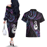 New Zealand Aotearoa Couples Matching Off The Shoulder Long Sleeve Dress and Hawaiian Shirt Maori Manaia Paua Shell Glitter Purple
